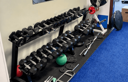 Rack de rangement avec des haltères de différentes charges pour le renforcement musculaire et la réathlétisation