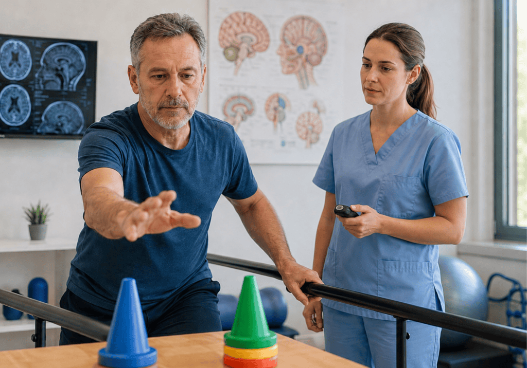 Homme en pleine rééducation neurologique accompagnée d'une kinésithérapeute.