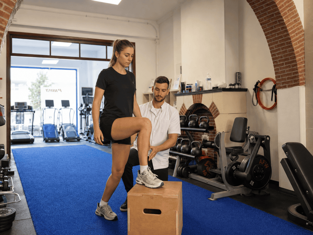 Faustin Bultel, kinésithérapeute, accompagnant une patiente lors d'un exercice de proprioception et de renforcement sur une box en bois